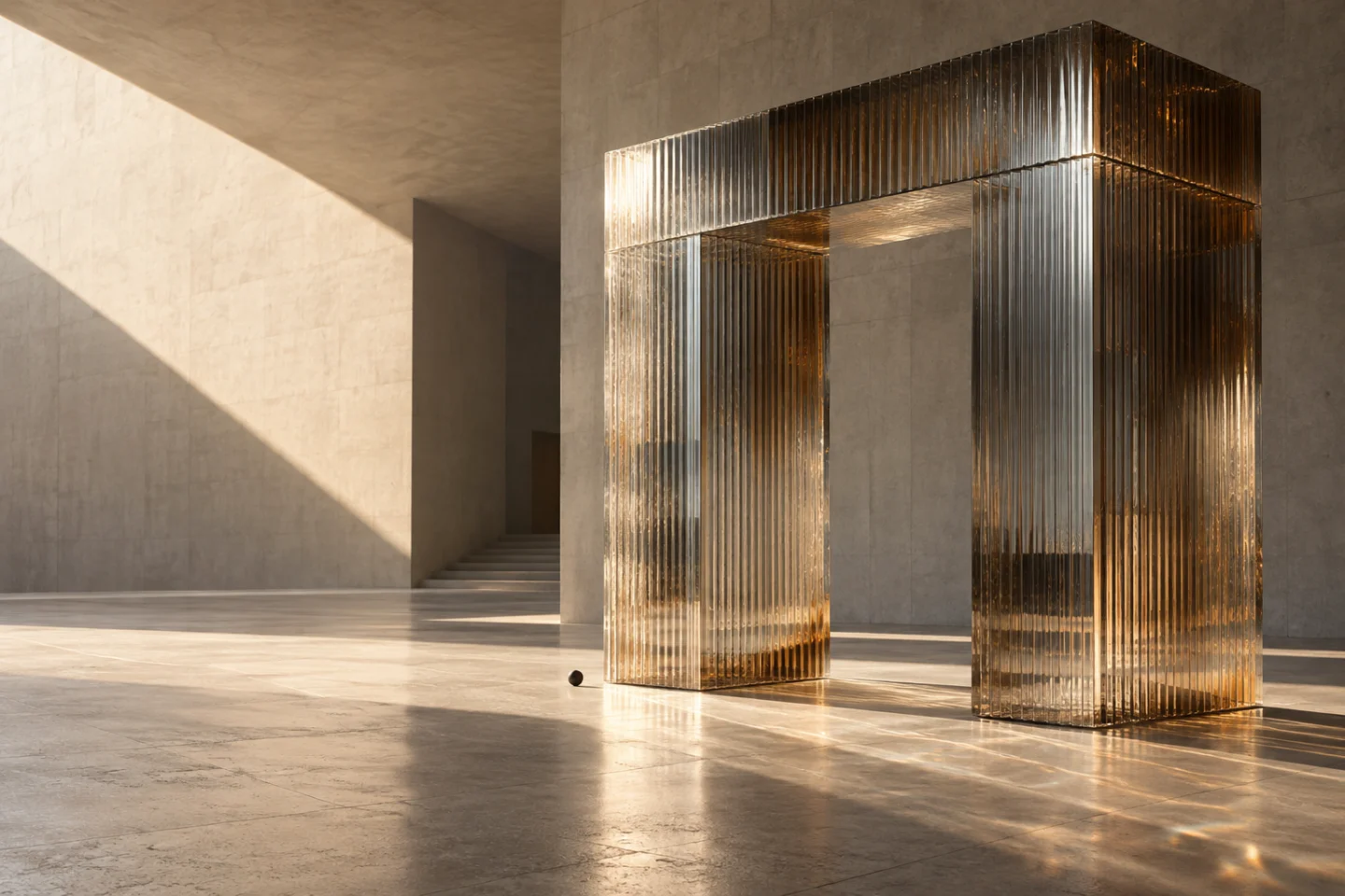 Sculptural glass portal illuminated by warm architectural light